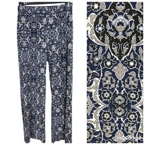 Max Edition Navy Ivory Floral print Wide Leg High Rise Palazzo Pants Size M